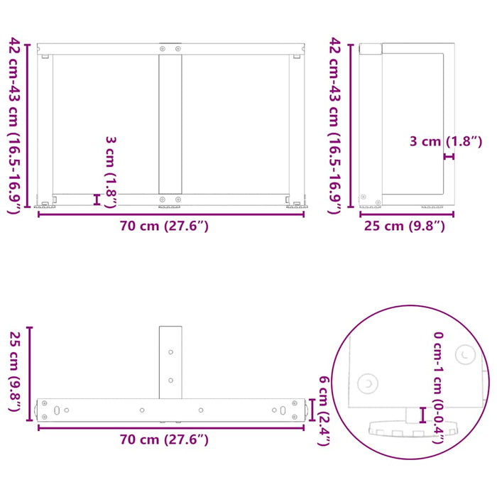 Picioare pentru măsuță de cafea în formă de T, 2 buc., alb, 70x25x(42-43) cm, oțel WALTI