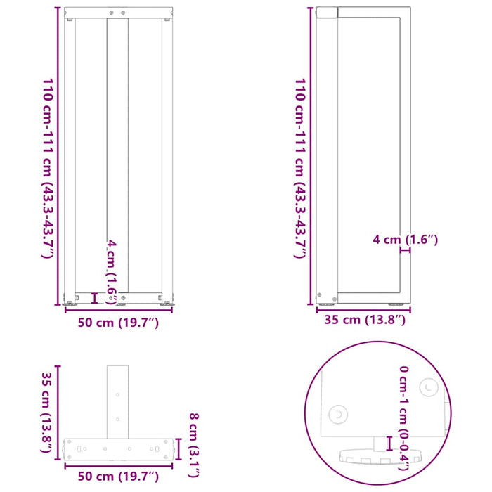 Picioare de masă de bar în formă de T, 2 buc., alb, 50x35x(110-111) cm, oțel WALTI