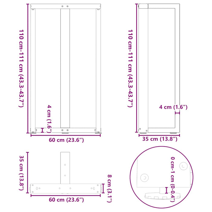 Picioare de masă de bar în formă de T, 2 buc., alb, 60x35x(110-111) cm, oțel WALTI