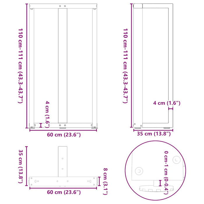 Picioare de masă de bar în formă de T, 2 buc., negru, 60x35x(110-111) cm, oțel WALTI