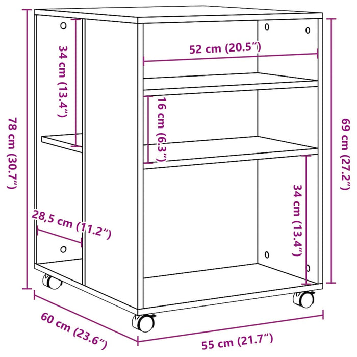 Masă laterală cu roți stejar maro 55x60x78 cm lemn prelucrat - WALTI WALTI