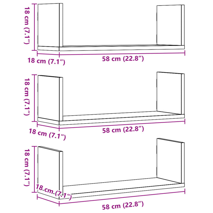 Rafturi de perete 3 buc. stejar maro 58x18x18 cm lemn prelucrat - WALTI WALTI