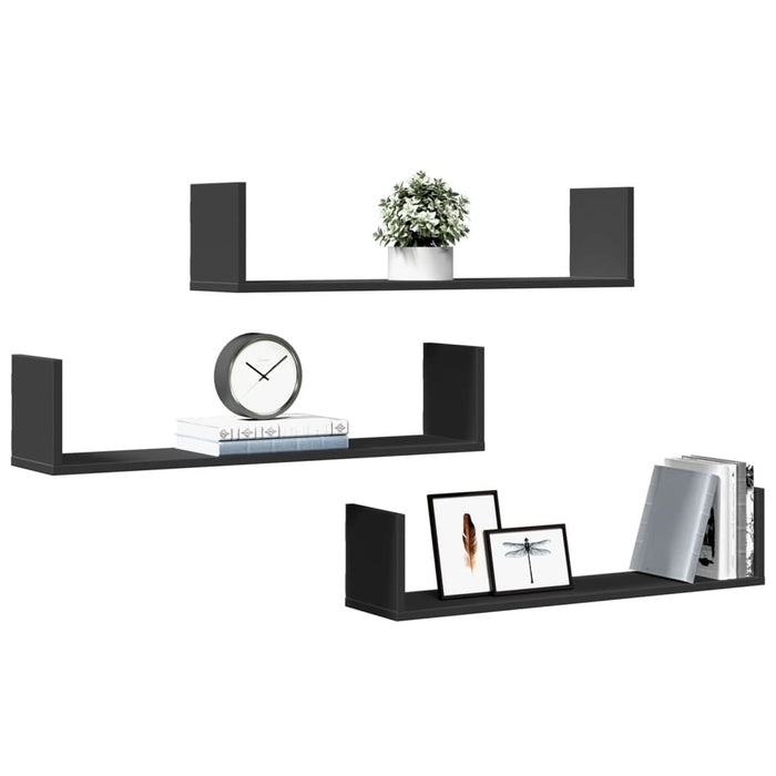 Rafturi de perete, 3 buc., negru, 80x18x18 cm, lemn prelucrat WALTI