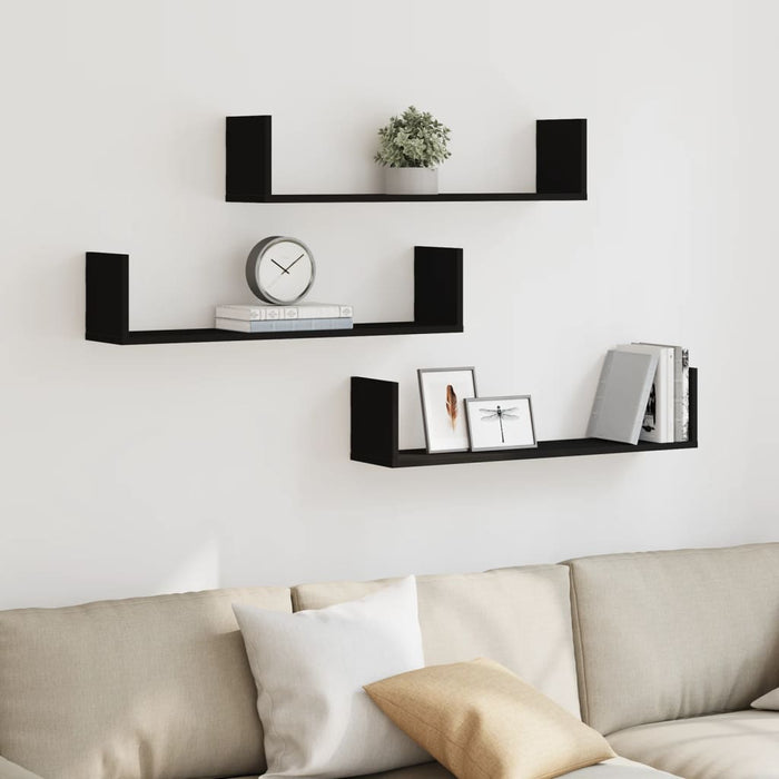 Rafturi de perete, 3 buc., negru, 80x18x18 cm, lemn prelucrat WALTI