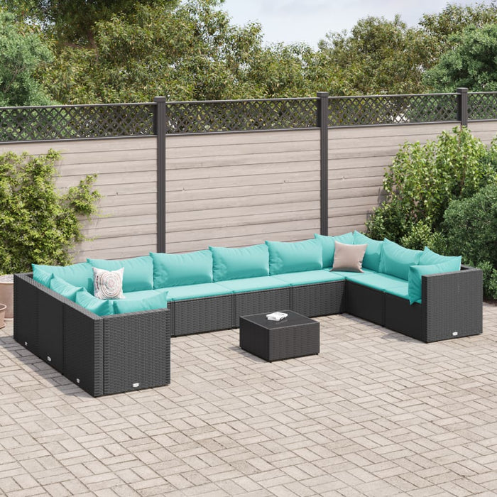 Set mobilier de grădină cu perne, 11 piese, negru, poliratan WALTI