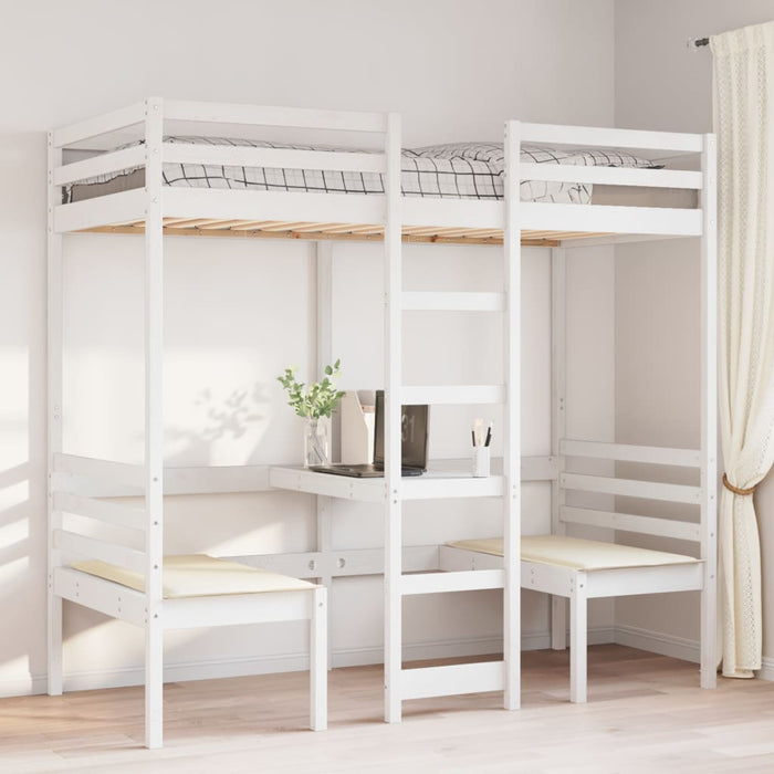 Cadru pat etajat, birou/scaune, alb, 90x190 cm, lemn masiv pin - WALTI WALTI