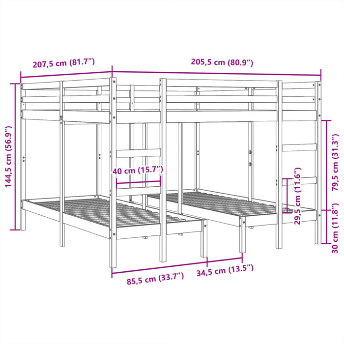 Pat supraetajat triplu, alb 200x200/80x200 cm lemn pin - WALTI WALTI