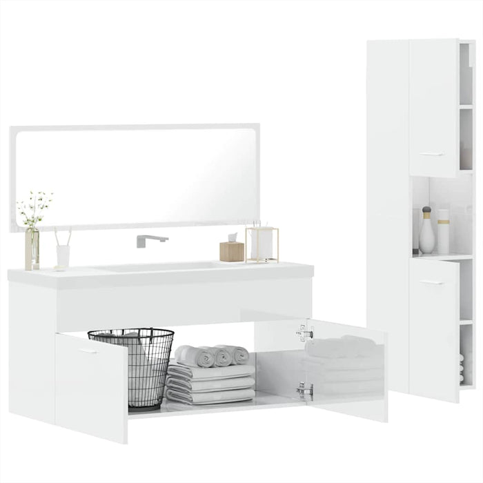Set mobilier de baie, 3 piese, alb extralucios, lemn compozit WALTI
