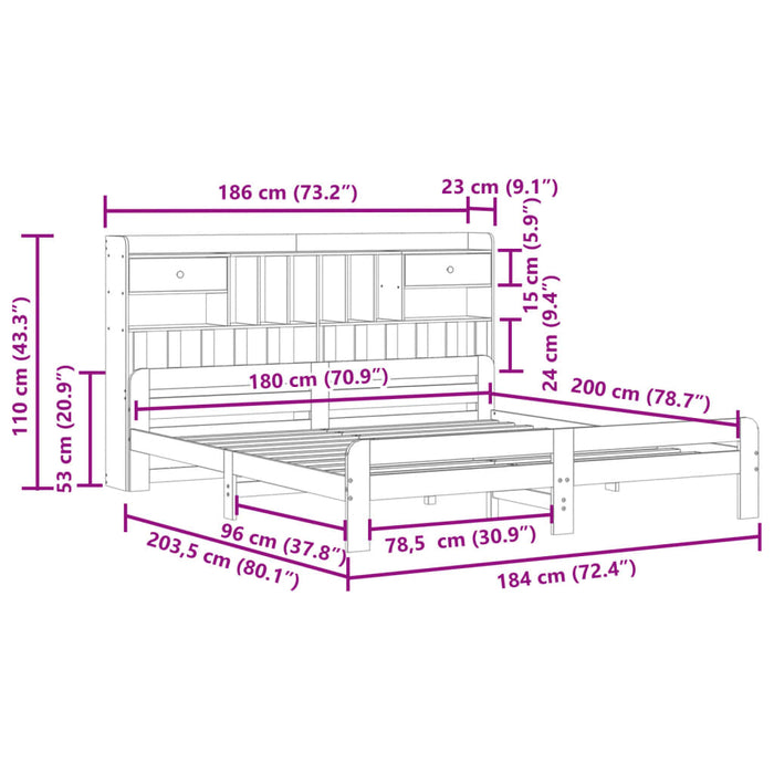 Pat cu bibliotecă fără saltea, 180x200 cm, lemn masiv de pin - WALTI WALTI
