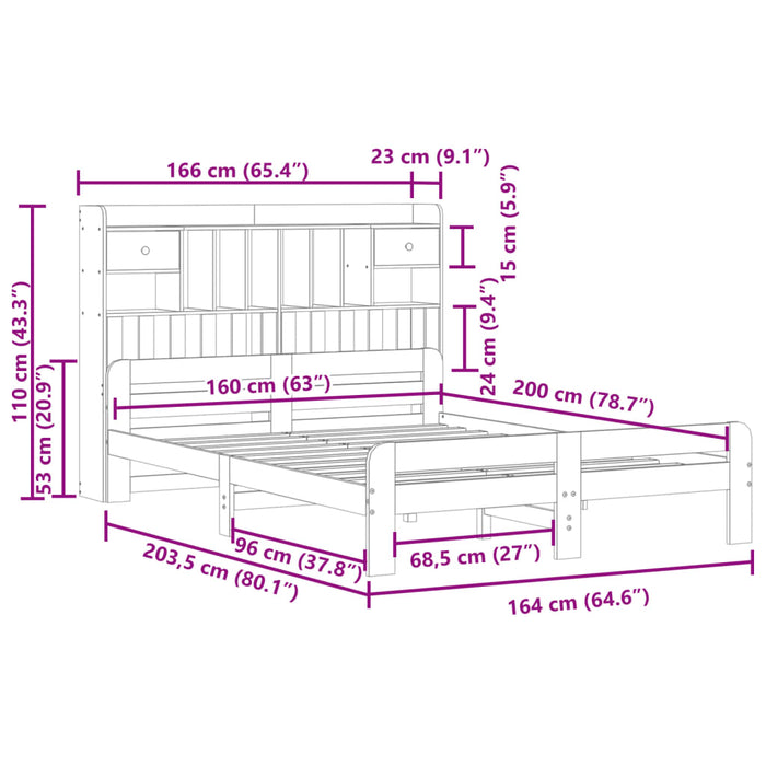 Pat cu bibliotecă fără saltea maro 160x200 cm lemn masiv de pin - WALTI WALTI