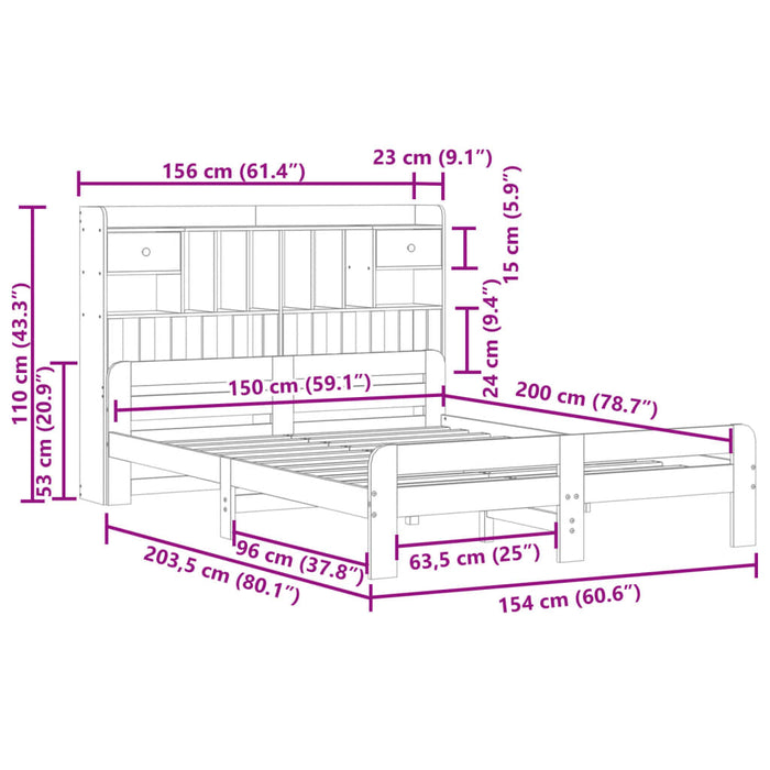 Pat cu bibliotecă fără saltea, alb, 150x200 cm, lemn masiv pin - WALTI WALTI
