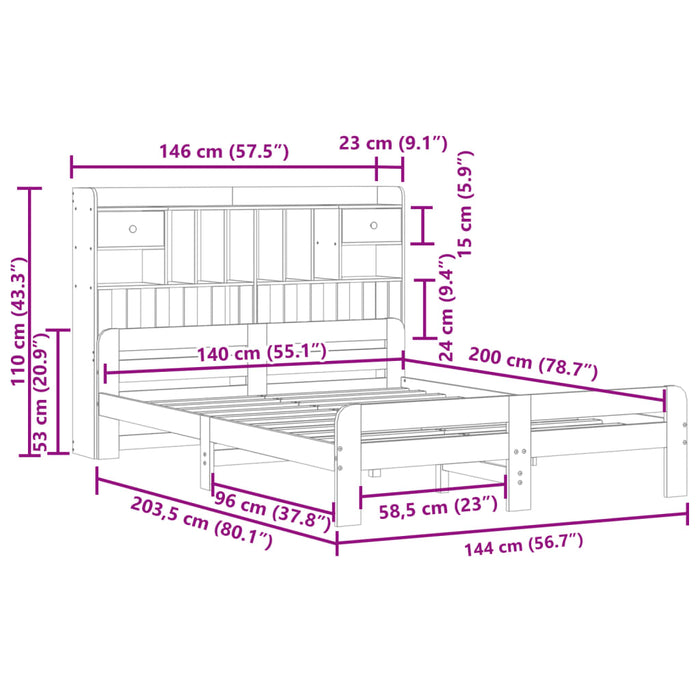 Pat cu bibliotecă fără saltea, alb, 140x200 cm, lemn masiv pin - WALTI WALTI