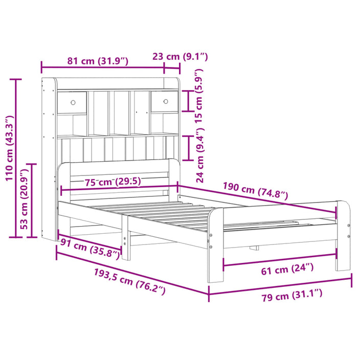 Pat bibliotecă fără saltea maro ceruit 75x190 cm lemn masiv pin - WALTI WALTI