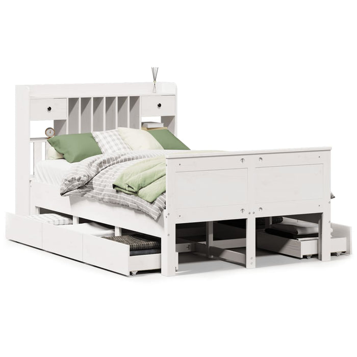 Pat cu bibliotecă fără saltea, alb, 135x190 cm, lemn masiv pin - WALTI WALTI