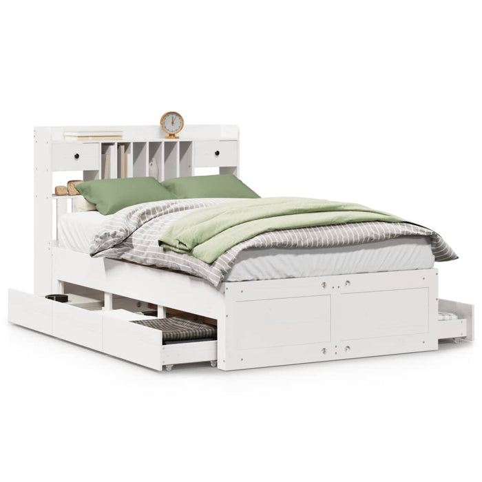 Pat cu bibliotecă fără saltea, alb, 135x190 cm, lemn masiv pin - WALTI WALTI