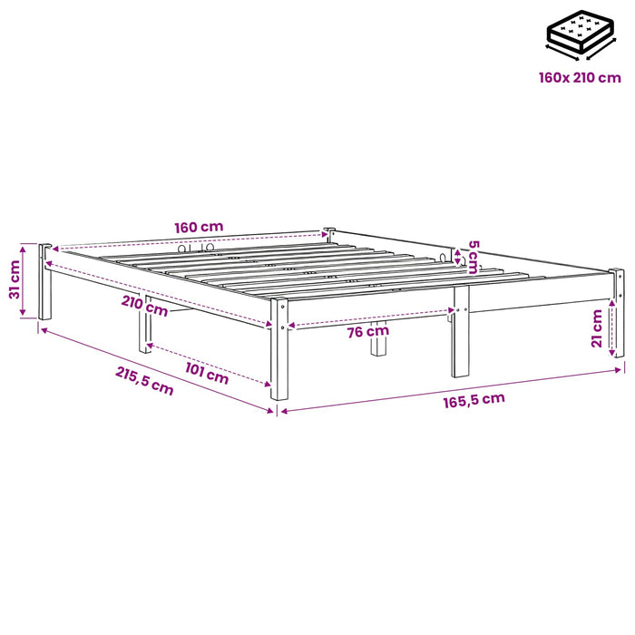 Cadru pat foarte lung fără saltea, 160x210 cm, lemn masiv pin WALTI