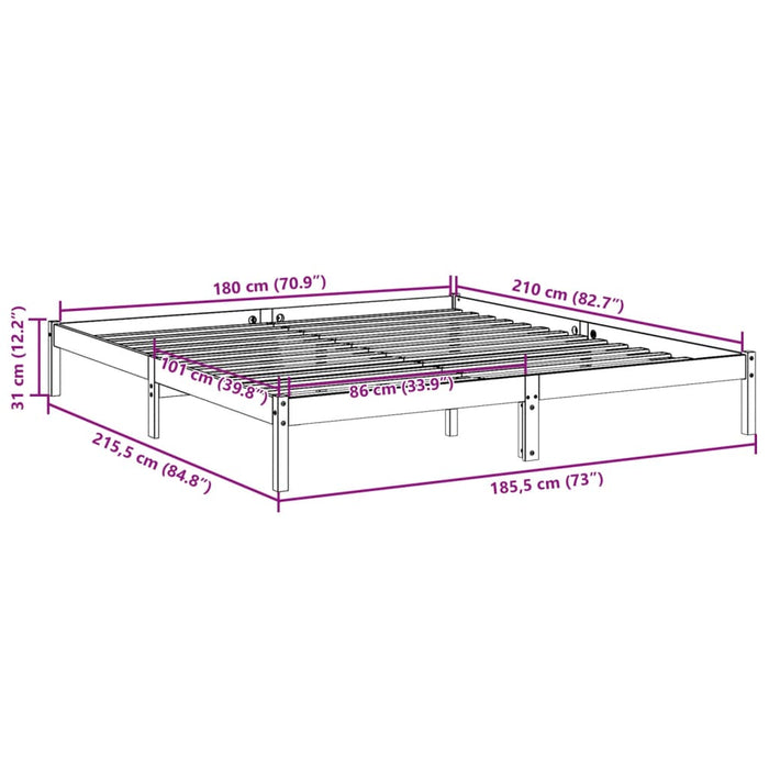 Cadru pat foarte lung fără saltea alb 180x210 cm lemn masiv pin - WALTI WALTI
