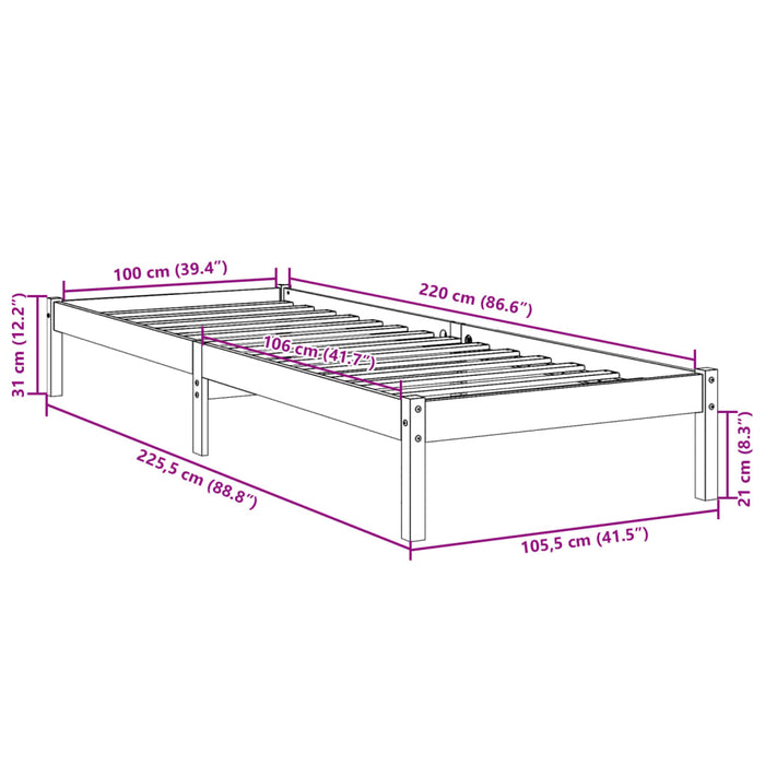 Cadru pat foarte lung fără saltea alb 100x220 cm lemn masiv pin - WALTI WALTI