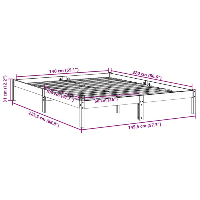 Cadru pat foarte lung fără saltea alb 140x220 cm lemn masiv pin - WALTI WALTI