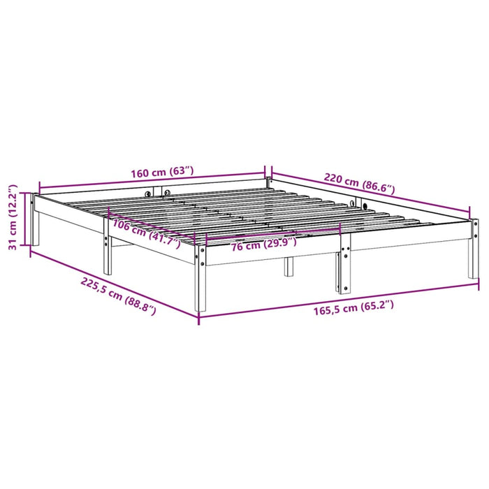 Cadru pat foarte lung fără saltea alb 160x220 cm lemn masiv pin - WALTI WALTI