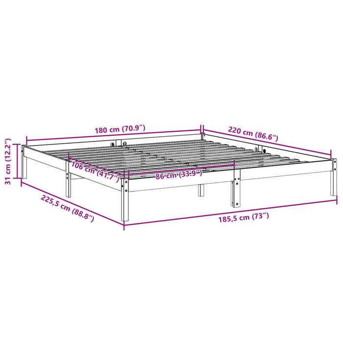 Cadru pat foarte lung fără saltea alb 180x220 cm lemn masiv pin - WALTI WALTI