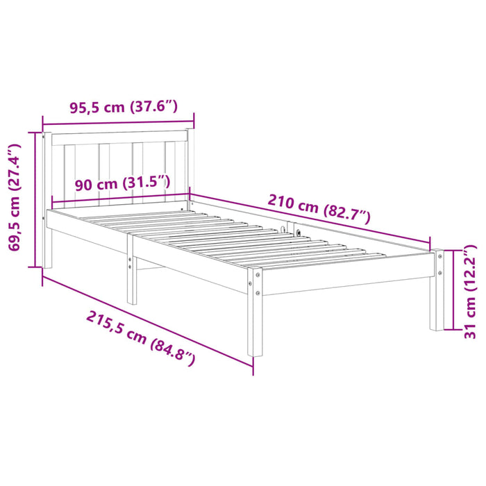 Cadru pat foarte lung fără saltea alb 90x210 cm lemn masiv pin - WALTI WALTI
