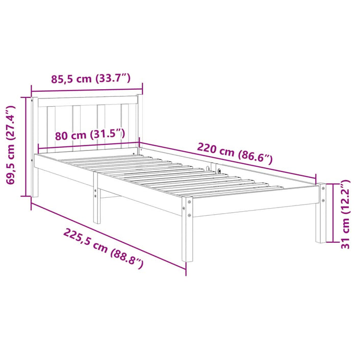 Cadru de pat foarte lung fără saltea, 80x220 cm, lemn masiv pin - WALTI WALTI