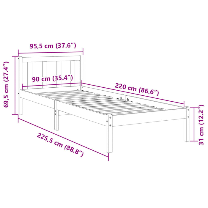 Cadru de pat foarte lung fără saltea, 90x220 cm, lemn masiv pin - WALTI WALTI