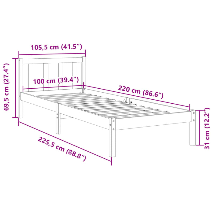 Cadru pat foarte lung fără saltea, 100x220 cm, lemn masiv pin - WALTI WALTI