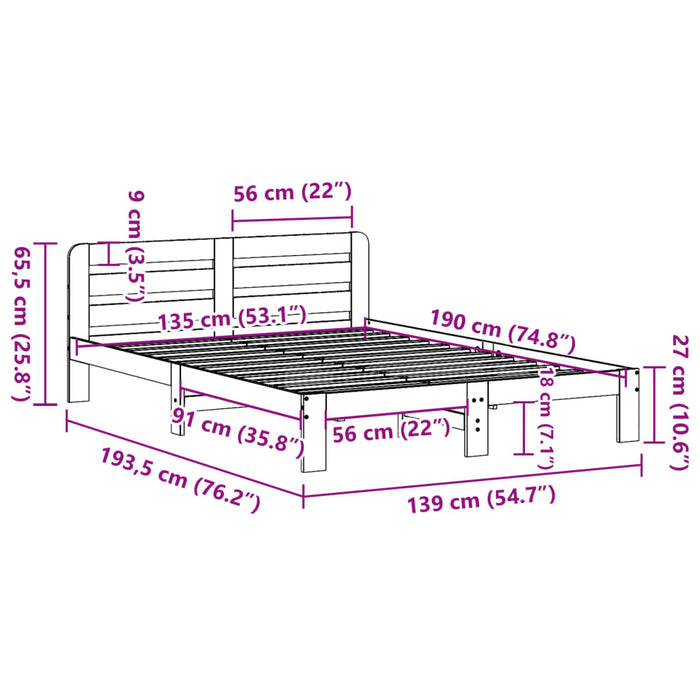 Cadru pat fără saltea, maro ceruit, 135x190 cm, lemn masiv pin - WALTI WALTI