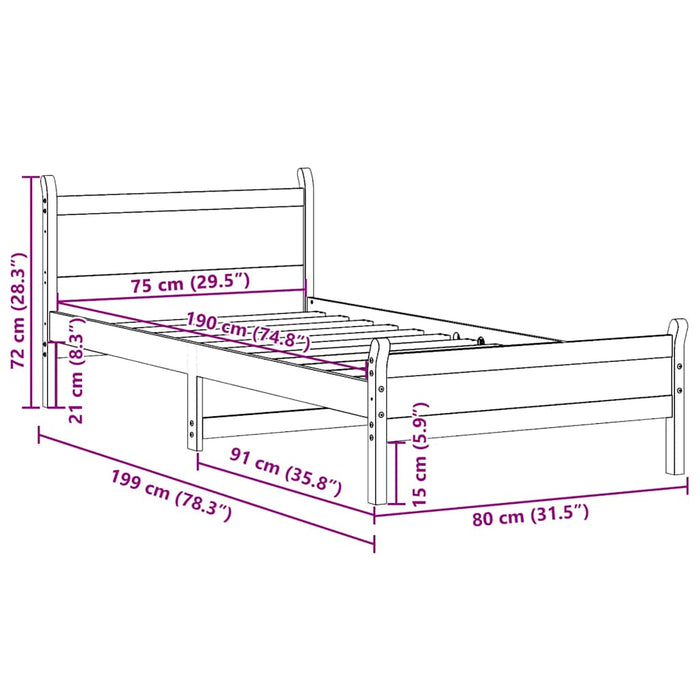 Cadru pat fără saltea, maro ceruit, 75x190 cm, lemn masiv pin - WALTI WALTI