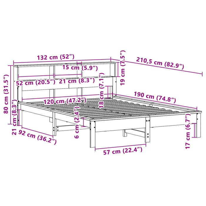 Pat cu bibliotecă fără saltea, maro, 120x190 cm, lemn masiv pin - WALTI WALTI