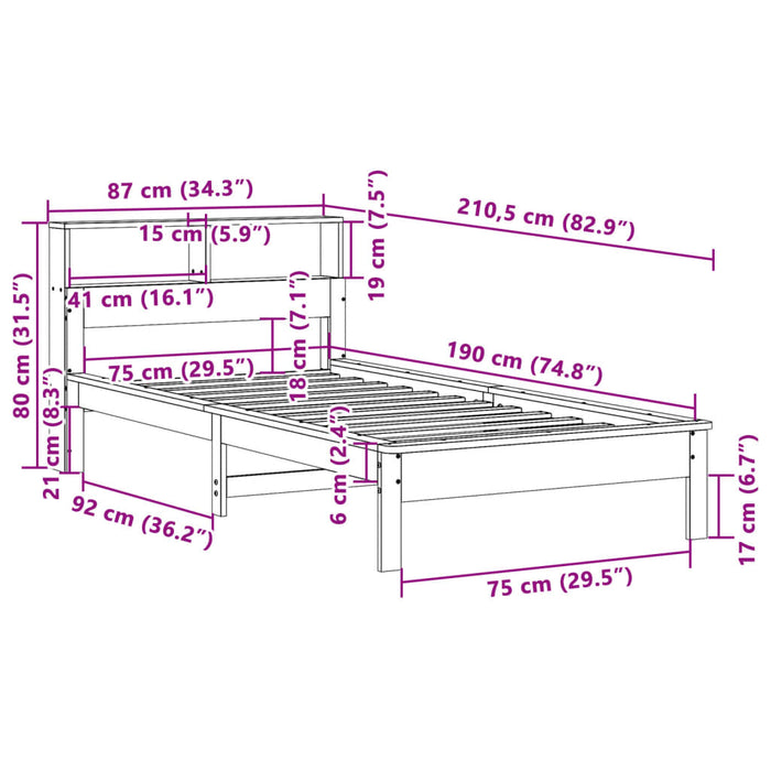 Pat cu bibliotecă fără saltea, alb, 75x190 cm, lemn masiv pin - WALTI WALTI