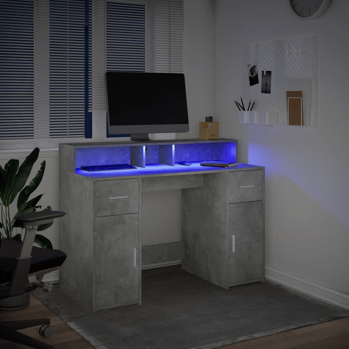 Birou cu lumini LED, gri beton, 120x55x91 cm, lemn prelucrat - WALTI WALTI