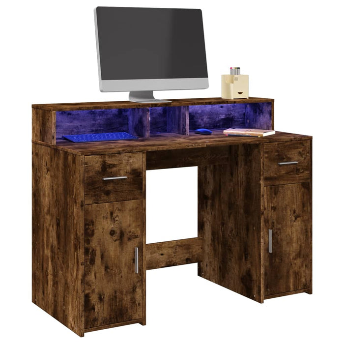 Birou cu lumini LED stejar fumuriu 120x55x91 cm lemn prelucrat - WALTI WALTI