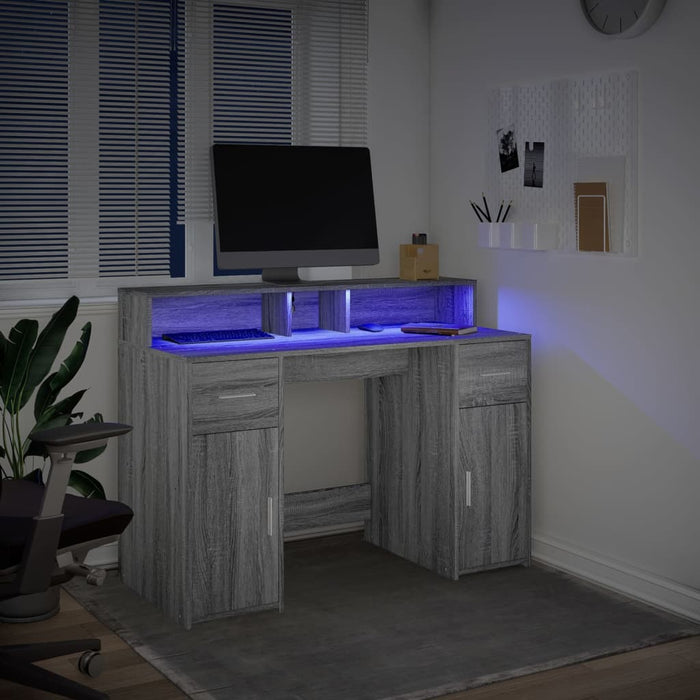 Birou cu lumini LED, gri sonoma, 120x55x91 cm, lemn prelucrat - WALTI WALTI