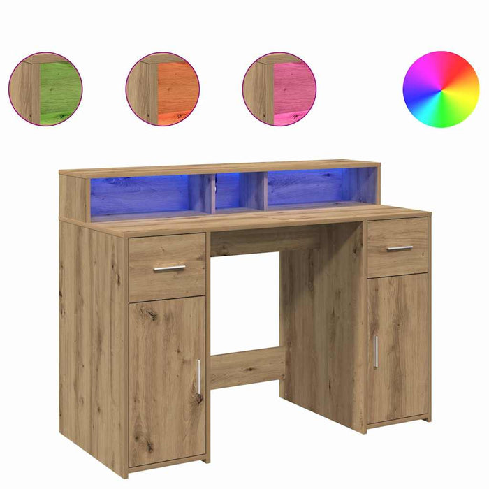 Birou cu lumini LED stejar artizanal 120x55x91cm lemn prelucrat - WALTI WALTI