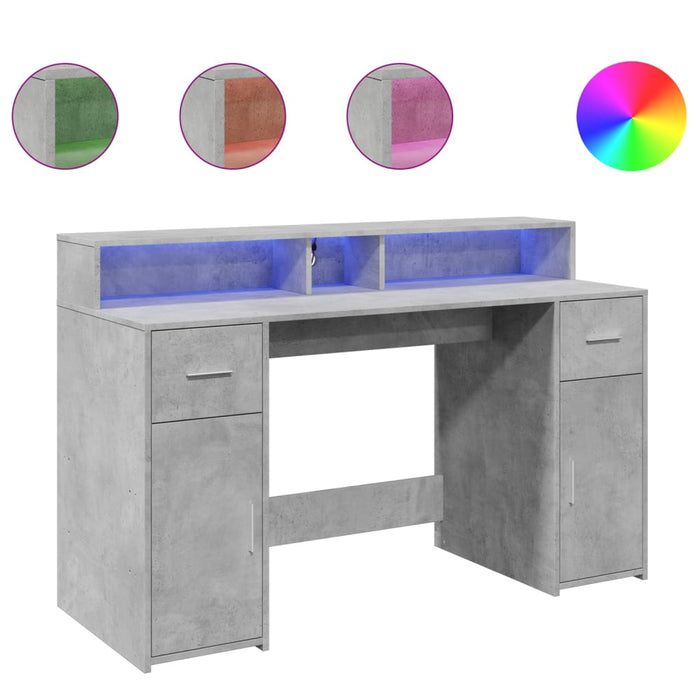 Birou cu lumini LED, gri beton, 140x55x91 cm, lemn prelucrat - WALTI WALTI