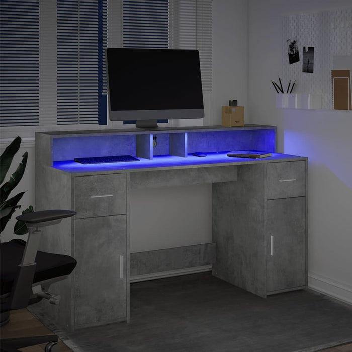 Birou cu lumini LED, gri beton, 140x55x91 cm, lemn prelucrat - WALTI WALTI