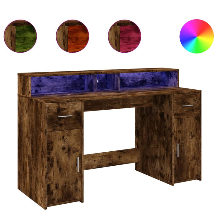 Birou cu lumini LED stejar fumuriu 140x55x91 cm lemn prelucrat - WALTI WALTI