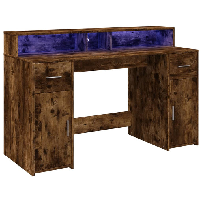 Birou cu lumini LED stejar fumuriu 140x55x91 cm lemn prelucrat - WALTI WALTI