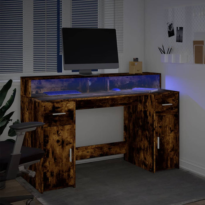 Birou cu lumini LED stejar fumuriu 140x55x91 cm lemn prelucrat - WALTI WALTI