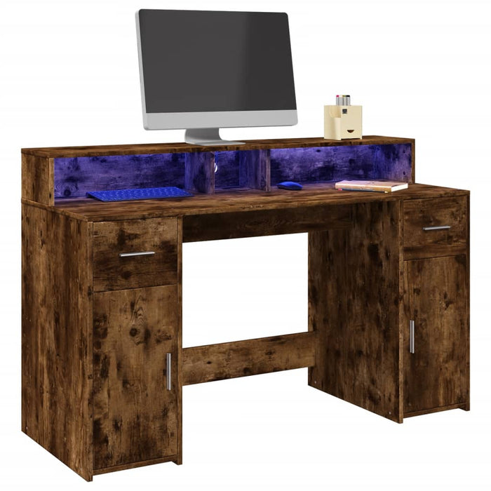 Birou cu lumini LED stejar fumuriu 140x55x91 cm lemn prelucrat - WALTI WALTI