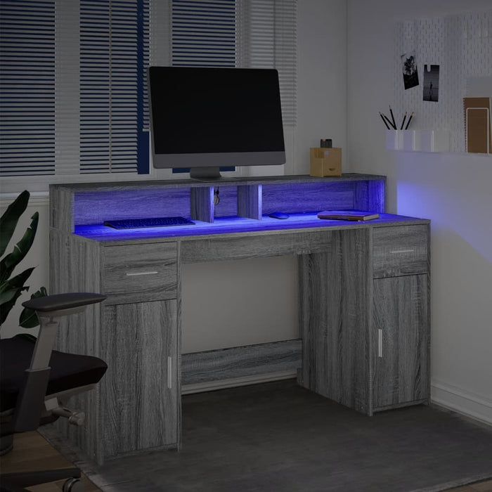 Birou cu lumini LED, gri sonoma, 140x55x91 cm, lemn prelucrat - WALTI WALTI