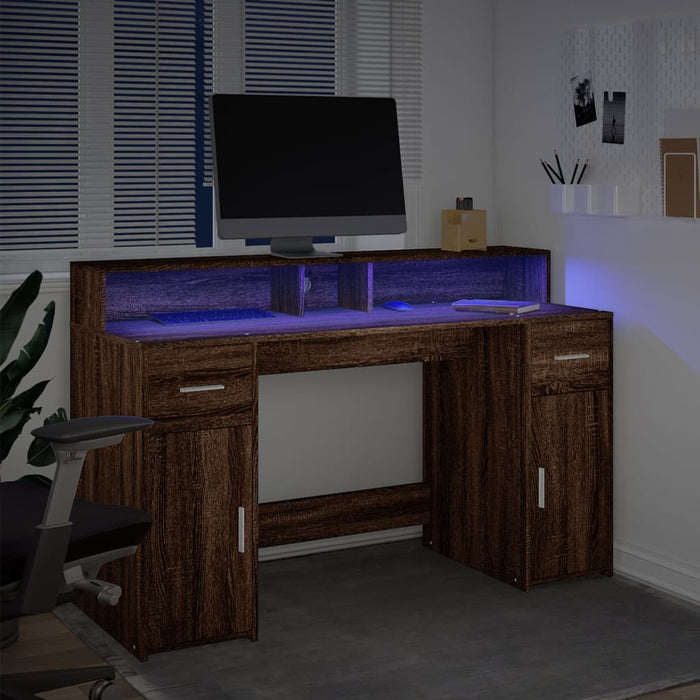 Birou cu lumini LED, stejar maro, 140x55x91 cm, lemn prelucrat - WALTI WALTI