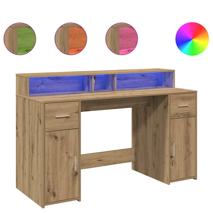 Birou cu lumini LED stejar artizanal 140x55x91cm lemn prelucrat - WALTI WALTI