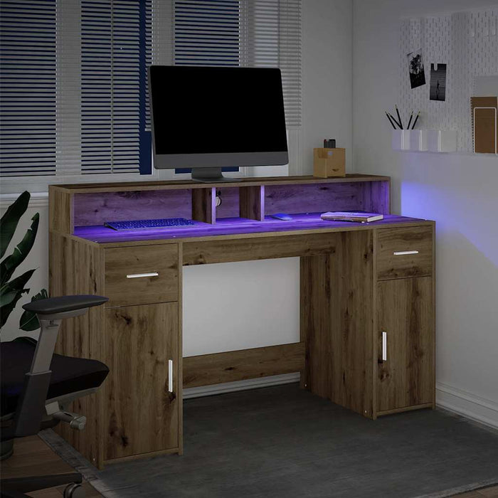 Birou cu lumini LED stejar artizanal 140x55x91cm lemn prelucrat - WALTI WALTI