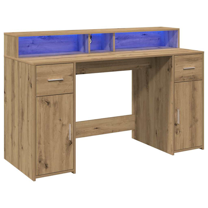 Birou cu lumini LED stejar artizanal 140x55x91cm lemn prelucrat - WALTI WALTI