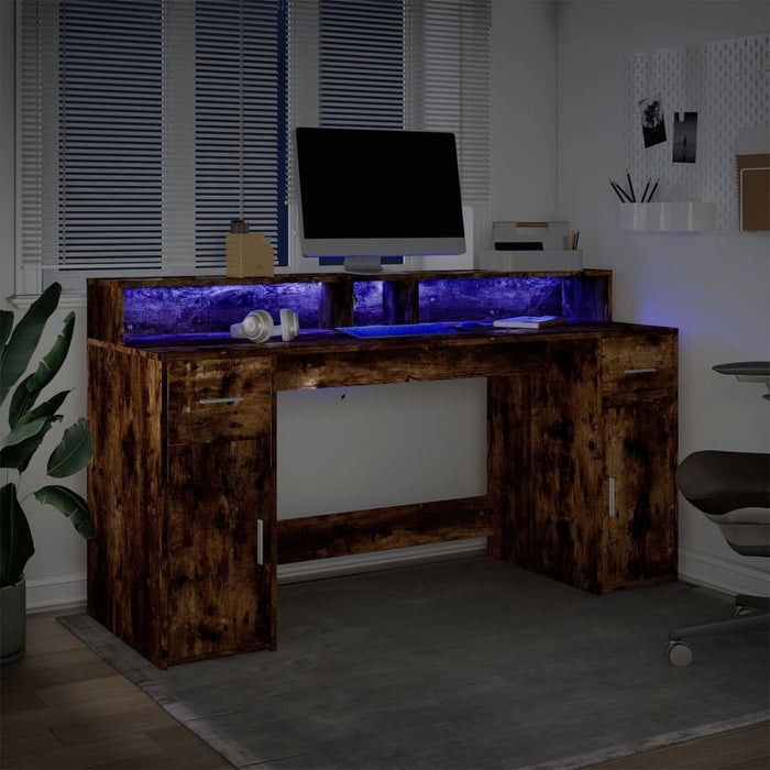 Birou cu lumini LED stejar fumuriu 160x55x91 cm lemn prelucrat - WALTI WALTI