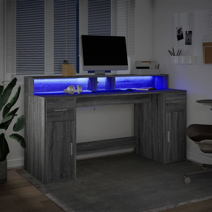 Birou cu lumini LED, gri sonoma, 160x55x91 cm, lemn prelucrat - WALTI WALTI